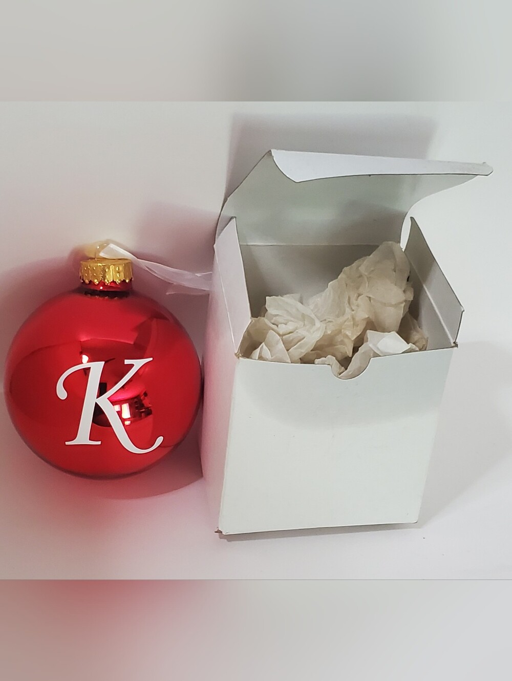 Large 4" Red Glass Christmas Ball With K Monogram, In Original Box